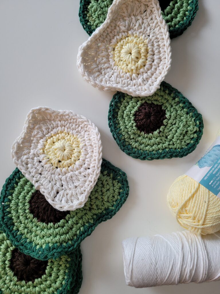 fried egg crochet coasters and avocado crochet coasters